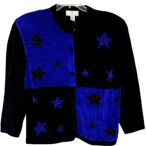 Lisa International Womens Cardigan Sweater XL Long Sleeve Stars Beads Black NEW
